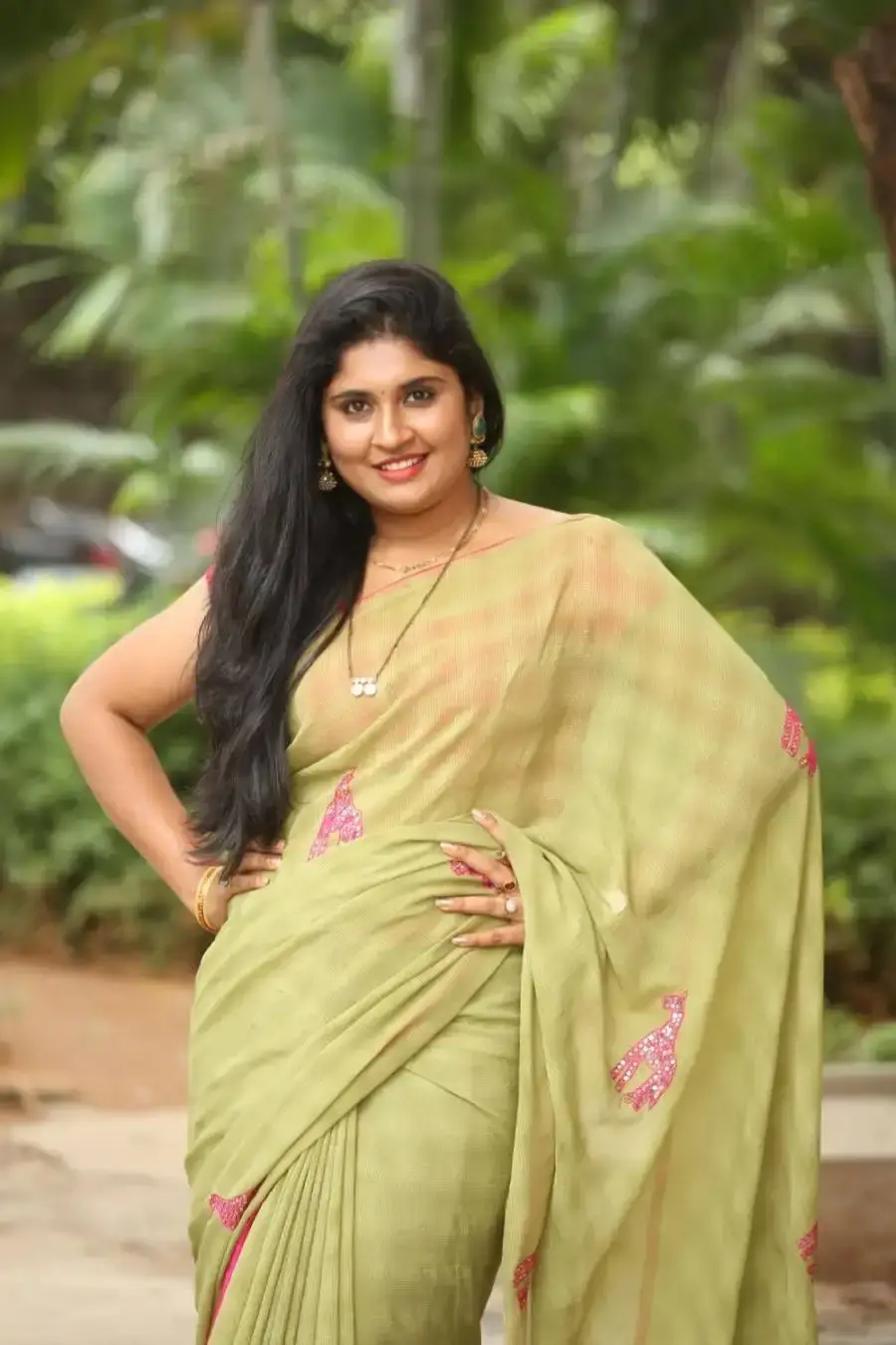 Sonia Chowdary In Green Saree at movie Audio Launch